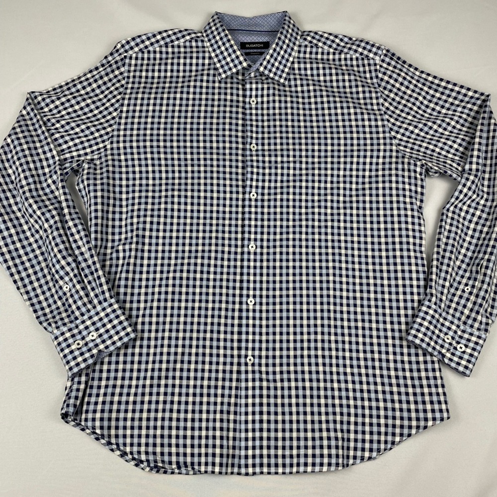 Bugatchi Mens Shaped Fit Gingham Check Button Down Shirt Navy Blue Cotton XL